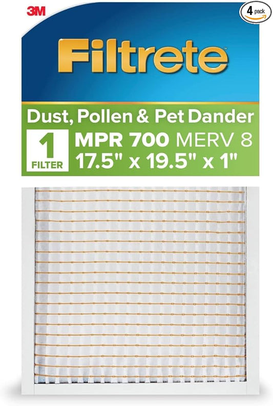 Filtrete 17.5x19.5x1 AC Furnace Air Filter, MERV 8, MPR 700, Tough on Pollen, Easy on Airflow, 3-Month Pleated 1-Inch Electrostatic Air Cleaning Filter, 4-Pack (Actual Size 17.187 x 19.15 x 0.81 in)