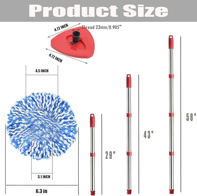 Spin Mop Replace Head, Base, Handle Compatible with O Cedar EasyWring RinseClean Microfiber Spin Mop, 4 Microfiber Mop Refills, 1 Triangle Mop Base and 58in Mop Handle (Blue (2-Tank System))