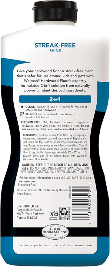 Weiman Hardwood Floor Cleaner for Finished Hardwood, Engineered Flooring, Vinyl & Laminate Surfaces - Streak-Free Shine, No Residue - 32 oz (2 PACK)