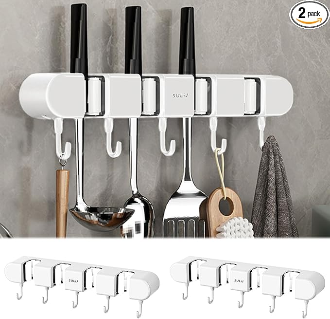 2Pcs Broom Holder Wall Mount, No-Drilling Self-Adhesive Mop and Broom Storage Rack with Hooks (4 Racks with 5 Hooks), Wall-Mounted Broom Hanger for Bathroom, Kitchen, Closet, Garage, White ﻿