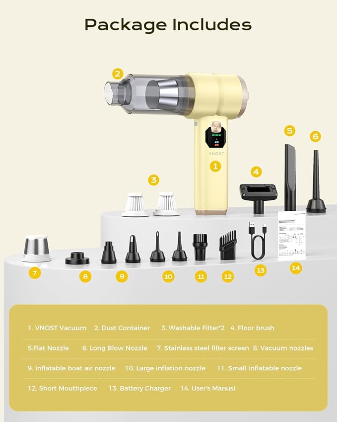 Portable Cordless Car Vacuum,4-in-1Handheld Cordless Vacuum with 30000Pa Suction,130000RPM,6800mAh Battery,10Nozzles,Rubber Paint Material for Car,Home,Birthday Gifts for Men Dad Husband(cream yellow)
