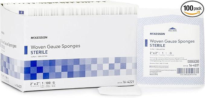 McKesson Woven Gauze Sponges, Sterile, 12-Ply, 100% Cotton, 2 in x 2 in, 100 per Pack, 1 Pack