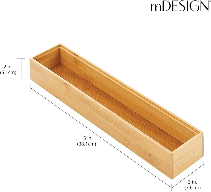 mDesign Slim Wooden Bamboo Drawer Organizer - 15" Long Stackable Storage Box Tray for Kitchen Drawers/Cabinet - Utensil, Silverware, Spatula, Flatware Holder - Echo Collection, 2 Pack, Natural Wood