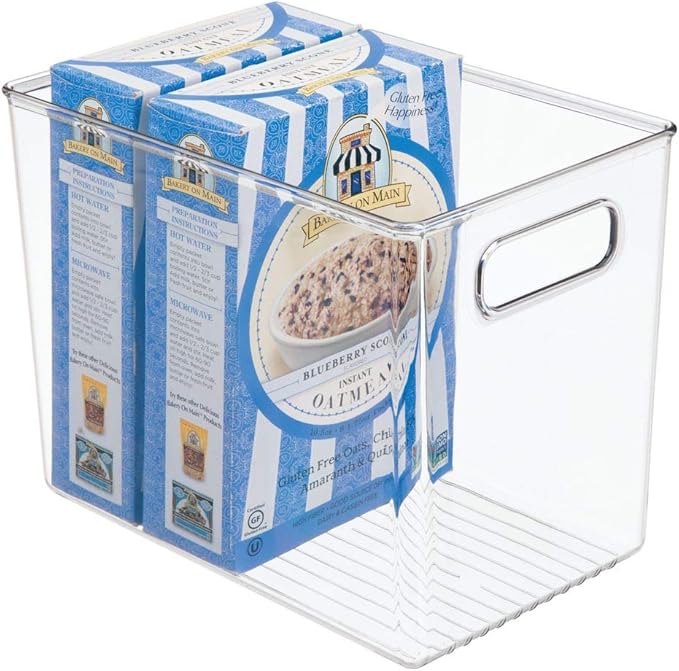 mDesign Plastic Modern Kitchen, Pantry Food Storage Container Bin w/ Handles - Cabinet, Fridge/Freezer, Countertop Organizer - Snacks/Drink/Appliances; Ligne Collection, Clear, 10x6.5x7.75 (Pack of 1)