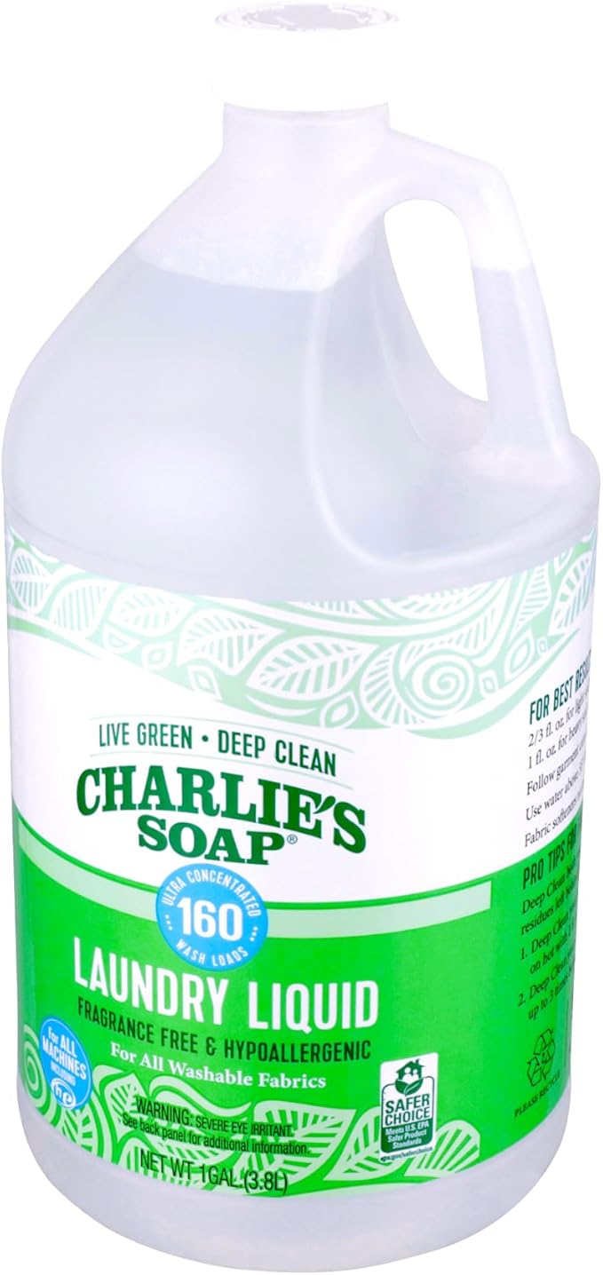 Charlie’s Soap – Fragrance-Free Laundry Liquid detergent – 160 Loads (128 oz, 1 Pack)