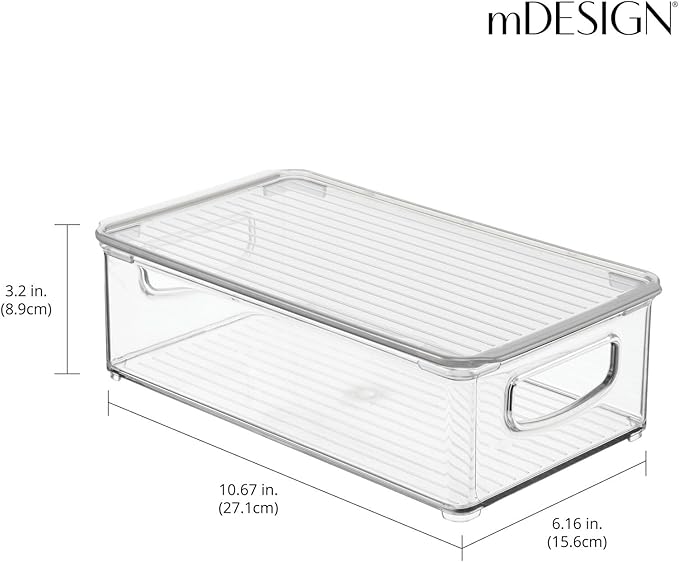 mDesign Plastic Storage Bin Box Container with Lid and Built-in Handles - Organization for Pens, Pencils, or Work Supplies in Home Office, Cabinet, or Desk Top, Ligne Collection - 4 Pack - Clear
