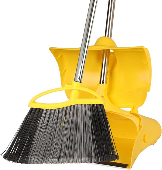 Heavy Duty Outdoor Broom and Dustpan Set - 145CM Extra Long Handle, Stiff Bristles for Tough Debris, Angled Broom Head - Ideal for Garage, Patio, Garden Kitchen House Floor Cleaning