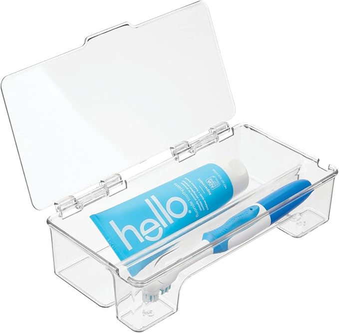 mDesign Plastic Toothbrush Holder, Storage Organizer Bin for Bathroom Vanity, Cabinet, Closet, Drawer - Holds Electric Toothbrush, Toothpaste, Dental Floss, Teeth Whitening Strips - Hinged Lid - Clear