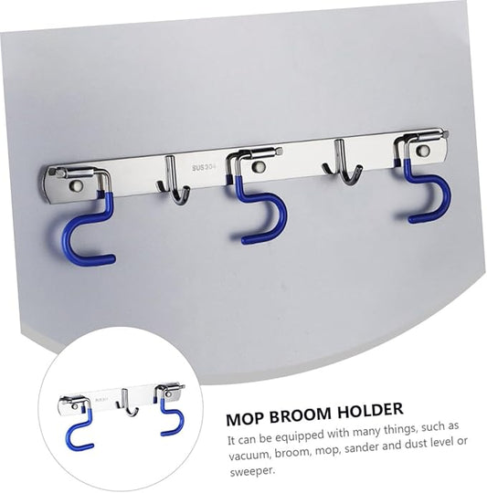 304 Stainless Steel Mop Broom Holder Wall-Mounted Organizer Hooks Heavy Duty Mop Hanger for Kitchen and Bathroom Easy Installation No Drill Required