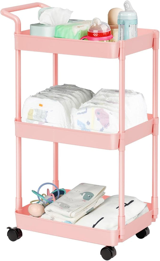 Diaper Caddy - Plastic Diaper Organizer for Nursery Essentials, Baby Organizers and Storage, Movable Cart for Changing Table & Crib, Baby Registry Search, Pink