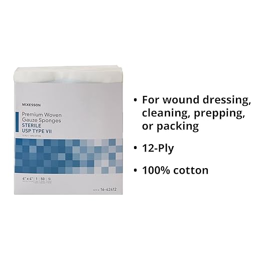 McKesson Premium Woven Gauze Sponges, Sterile, 12-Ply, USP Type VII, 100% Cotton, 4 in x 4 in, 1 per Pack, 50 Packs