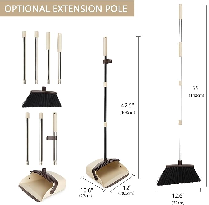 Broom and Dustpan Set, Dustpans with Broom Combo for Home, Heavy Dust Broom and Dustpan Combo, Long Handle Dust Pan and Broom Set for Kitchen, Office, Pet Hair,Beige, Pack of 1