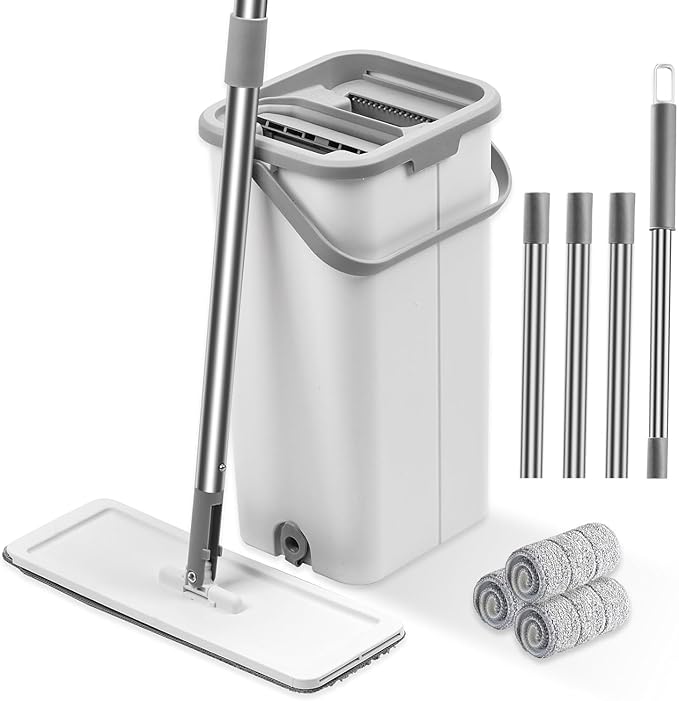Flat Floor Mop and Bucket Set with Wringer, Flat Mops for Floor Cleaning, Wall Mop Cleaner with Long Handle, Hardwood Floor Mop with 3 Microfiber Pads (F)