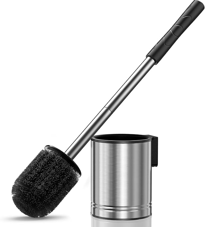 HAMITOR Toilet Bowl Brush Set: Stainless Steel Rustproof Bathroom Cleaning Accessories with Hidden Holder for Homemakers - Wall-Mounted Compact Toilet Scrubber Cleaner Kits for New Home & RV Silver