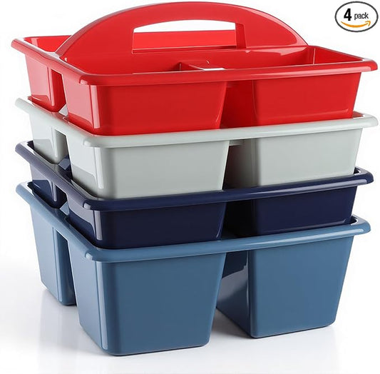Kathfly 4 Pack Caddy Organizer with Handle, Stackable Organization Storage, Small Plastic Basket Classroom Caddy for Table Desk Office Pencil Kids Room Craft Art Teacher School Supplies (Blue Red)