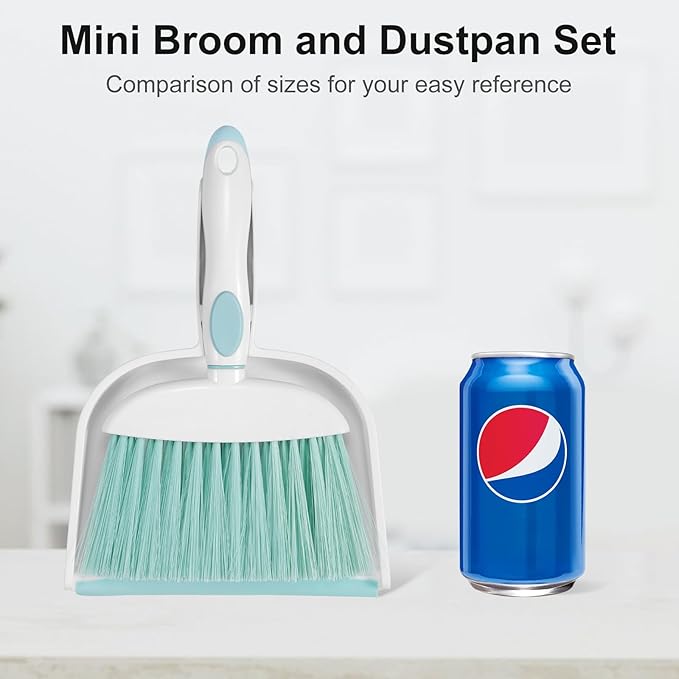 NACENA Small Dust Pan and Brush Set, Mini Broom and Dustpan Set Small Hand Broom and Brush Combo Dust Pan for Home Cleaning Drawers Desktop Sofas and Outdoor, Blue