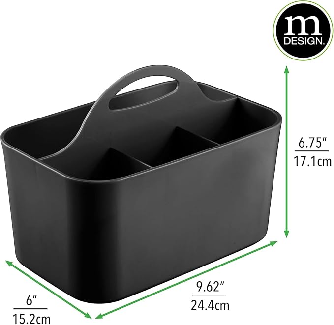 mDesign Small Plastic Shower/Bath Storage Organizer Caddy Tote with Handle for Dorm, Shelf, Cabinet - Hold Soap, Shampoo, Conditioner, Combs, Brushes, Lumiere Collection, Black