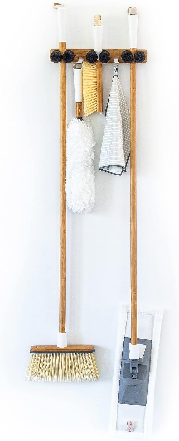 Full Circle Get A Grip, Wall-Mounted Mop and Broom Organizer, Lightweight Bamboo with Foam Pegs, Easy to Install Home Organization, Also Perfect for Garden Tools and Garage, Small