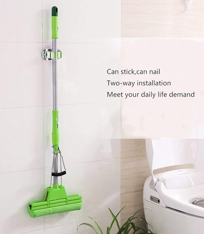 Stainless Steel Mop and Broom Holder, Dual-Purpose Wall Mounted Mop Broom Organizer with 2 Pcs 3M Self Adhesive and Double Screws,Bathroom Kitchen Organizer Rack with Spring Clip Design