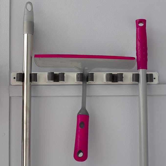 Mop and Broom Holder Wall Mounted Storage Organizer by Home Basics | 5 Slot Storage Rack with Textured Rubber Grippers for Kitchen, Garage, Laundry Room