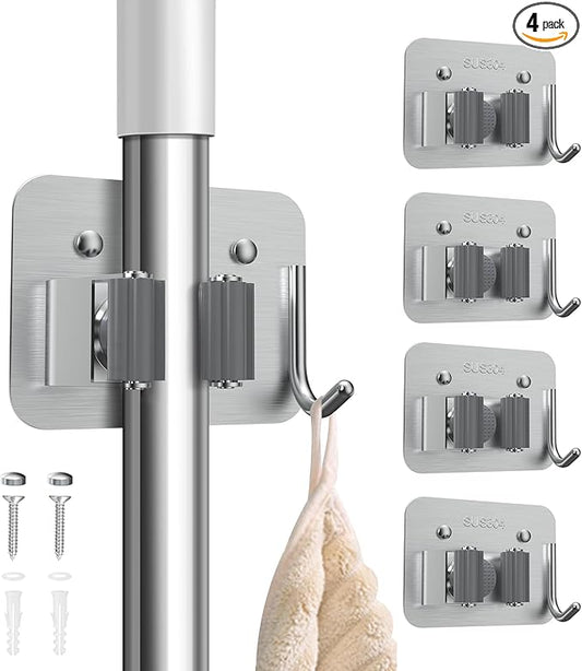 nacena Broom Holder Wall Mount, 4 Packs Silver Stainless Steel Mop and Broom Hanger with Hooks Heavy Duty Broom and Mop Organizer Wall Hanging for Bathroom