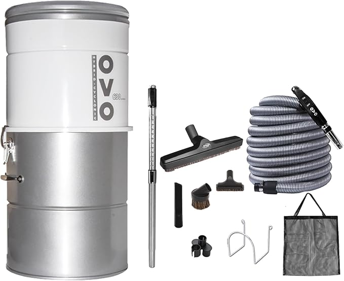 OVO Large and Powerful Central Vacuum System, Hybrid Filtration (with or Without Disposable Bags), 25L or 6.6 Gal, 630 Airwatts + 30 ft Premium Deluxe Accessory Kit