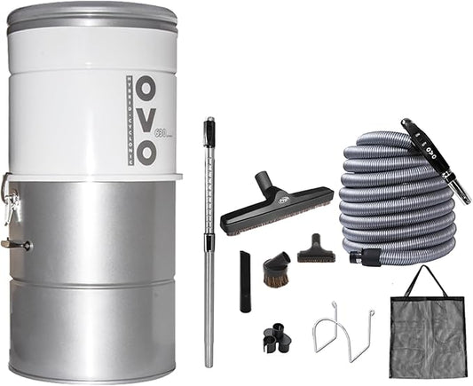 OVO Large and Powerful Central Vacuum System, Hybrid Filtration (with or Without Disposable Bags), 25L or 6.6 Gal, 630 Airwatts + 30 ft Premium Deluxe Accessory Kit
