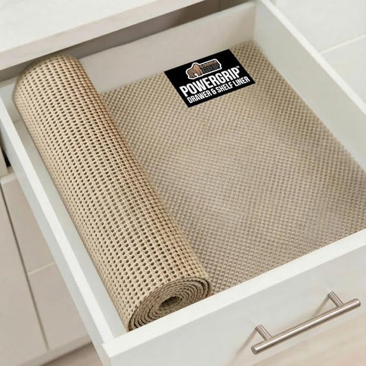 GORILLA GRIP powerGRIP Drawer Shelf and Cabinet Liner, Thick Strong Hold, Non-Adhesive Liners Protect Kitchen Cabinets and Cupboard, Bathroom Drawers, Easy Install, Breathable Mat, 12" x20', Beige