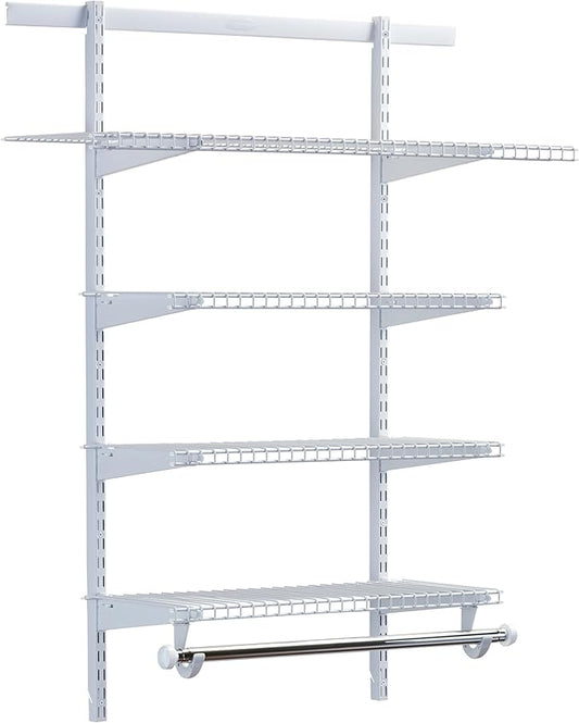 Rubbermaid Configurations Deluxe Custom Closet Kit 3-6 Ft. Adjustable Metal Wire Shelving White Finish Expandable Organization System Hardware Included for Home Closet/Pantry/Laundry/Mudroom