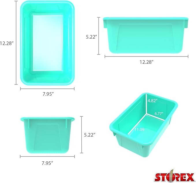 Storex Small Cubby Bins – Plastic Storage Containers for Classroom with Non-Snap Lid, 12.2 x 7.8 x 5.1 inches, Teal, (62412U05C) (Pack of 5)