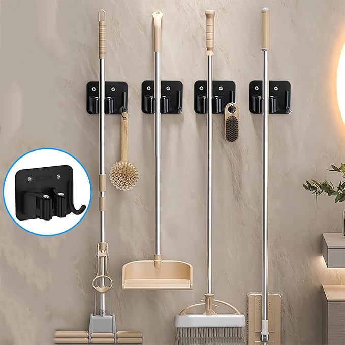 5 Pack Mop Broom Holder Wall Mount Screw Drilling, Stainless Steel Heavy Duty Organizer Hanger Tool Rack for Bathroom Kitchen Garage Laundry Office, Black
