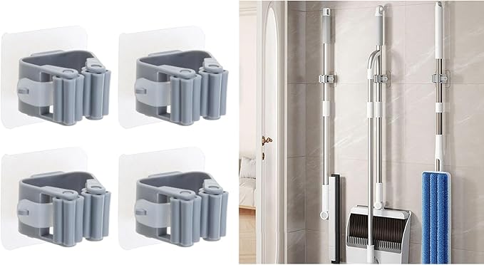 4PCS Mop Broom Holder Wall Mounted Clip Grippers Self-Adhesive No Drilling Racks Anti-Slip Hooks Wall Mount Grippers