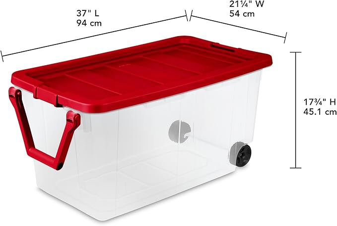 Sterilite 4 Pack Wheeled Storage Box, Large Clear Plastic Container, Durable Home Organizer with Red Lid and Rotating Handle, 160 Quart