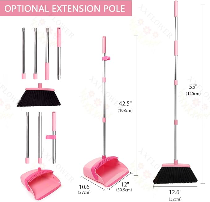 Broom and Dustpan Set, Dustpans with Broom Combo for Home, Heavy Dust Broom and Dustpan Combo, Long Handle Dust Pan and Broom Set for Kitchen, Office, Pet Hair,Pink, Pack of 1