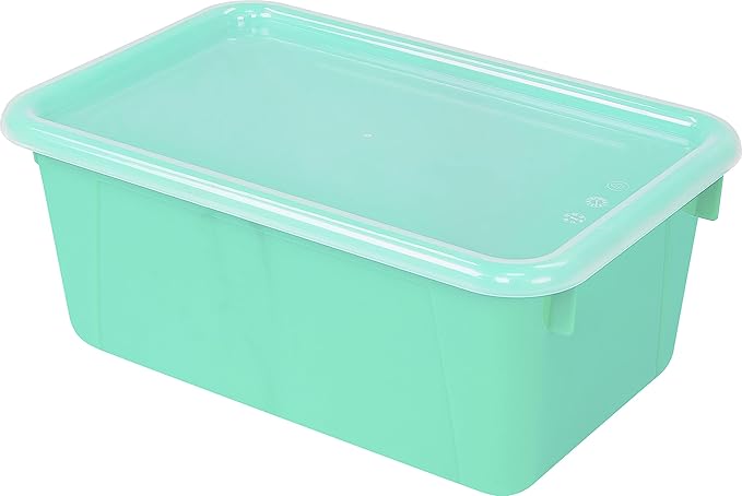 Storex Small Cubby Bins – Plastic Storage Containers for Classroom with Non-Snap Lid, 12.2 x 7.8 x 5.1 inches, Teal, (62412U05C) (Pack of 5)