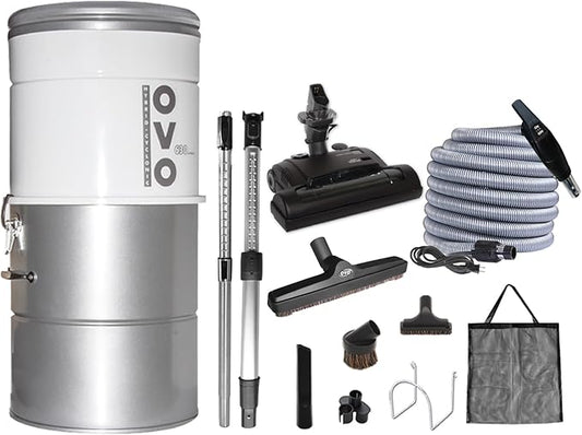 OVO Large and Powerful Central Vacuum System, Hybrid Filtration (with or Without Disposable Bags), 25L or 6.6 Gal, 630 Airwatts with 30 ft Carpet Deluxe Accessory Kit Included