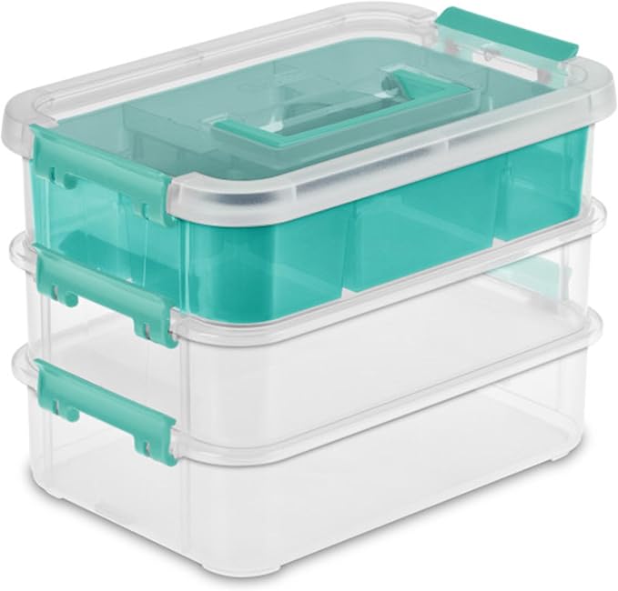 Sterilite 18 Pack Plastic Storage Box Container, 3 Layer, Stack and Carry, Clear/Blue