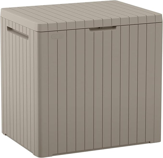Keter City 30 Gallon Resin Outdoor Storage Box & Patio Side Table for Balcony, Pool, Deck & Garden Accessories, Weather‑Resistant, Beige