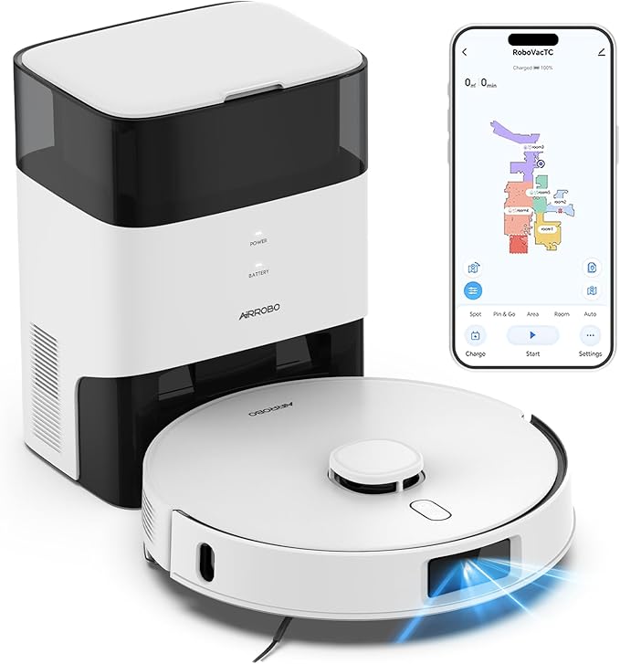 AIRROBO T30+ Robot Vacuum and Mop, 75-Day Self-Emptying, 12,000Pa Suction, Active Intelligent Obstacle Avoidance, Tangle-Free Brush, Carpet Avoidance, LiDAR Navigation, Smart Mapping, White