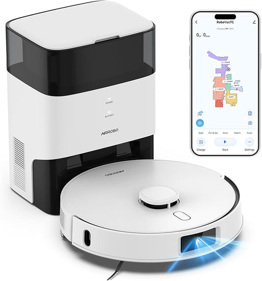 AIRROBO T30+ Robot Vacuum and Mop, 75-Day Self-Emptying, 12,000Pa Suction, Active Intelligent Obstacle Avoidance, Tangle-Free Brush, Carpet Avoidance, LiDAR Navigation, Smart Mapping, White