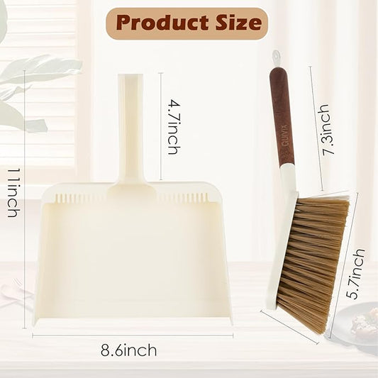 Hand Broom and Dustpan Set,Portable Small Dustpan and Brush Set with Sapele Wood Handle,Teeth Design,Compact Hangable Broom with Dustpan for Cleaning Desktops Kitchen Sofa Pet Hair,Beige