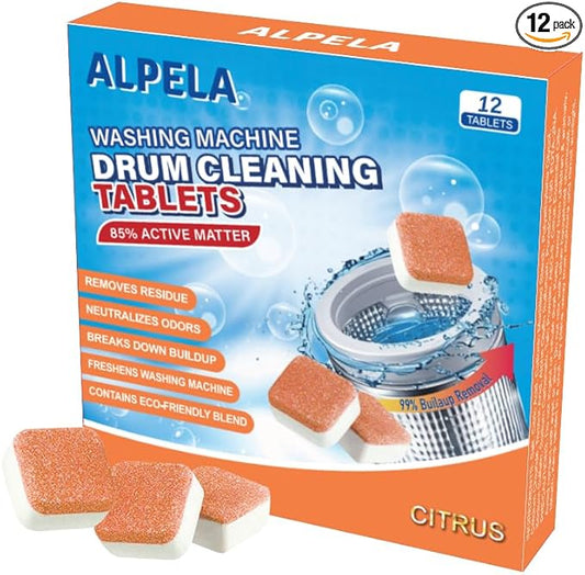 Washing Machine Cleaner Descaler | Deep Cleaning Tablets For HE Front & Top Load Washer, Septic Safe Eco-Friendly Deodorizer, Clean Inside Drum and Laundry Tub Seal (Citrus Scent - 12 Count)