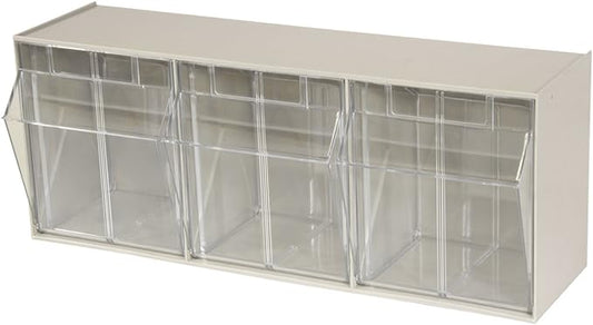 Akro-Mils TiltView Plastic Storage Cabinet with 3 Tilt Out Bins, Horizontal Plastic Parts Organizer, Teacher Toolbox, and Office Supply Organizer, 23-5/8" W x 9-7/16" H x 7-7/8" D, Stone