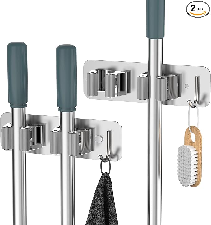 Wall Mount Mop and Broom Holder, Heavy Duty Stainless Steel Organizer Rack with Hooks | 2-Pack, 2-in-1 No Drill & Screw Installation, Silver