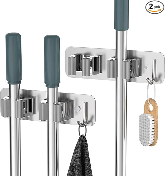 Wall Mount Mop and Broom Holder, Heavy Duty Stainless Steel Organizer Rack with Hooks | 2-Pack, 2-in-1 No Drill & Screw Installation, Silver