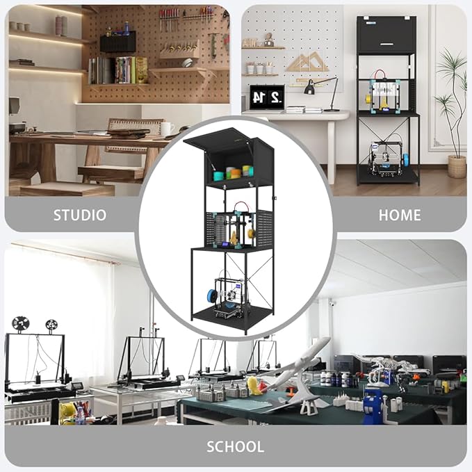 3D Printer Filament Storage Stand Rack with Dehumidifier| 3-Tier All-in-One Organizer with Tool Mounts, Dual Spool Holders | Compatible with Most 3D Printers (100LBlack)
