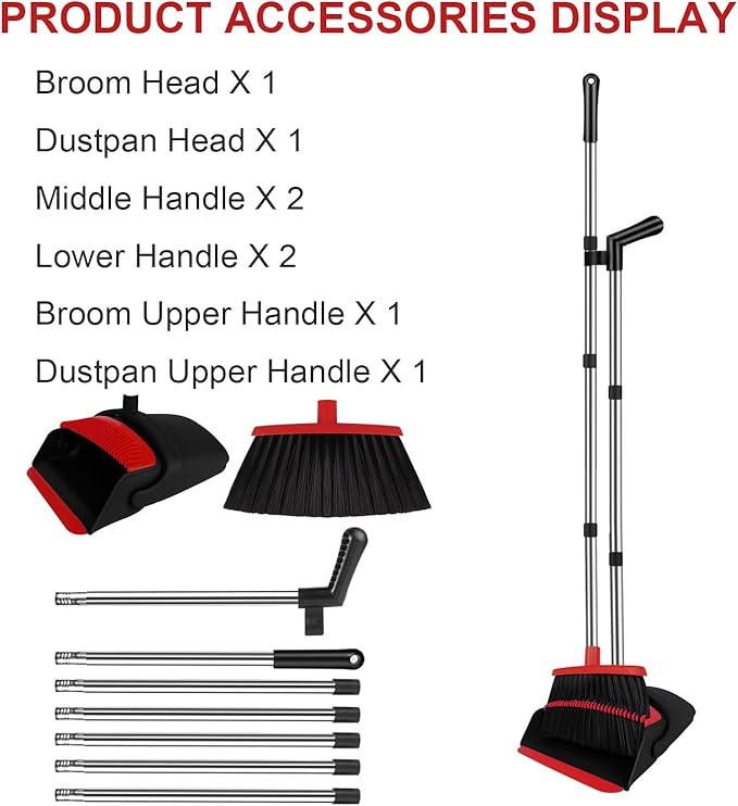 Broom and Dustpan Set for Household, Red Broom with Dustpan Combo Set, 51" Long Handle Dust pan Set for Dog Cat and Hair Clean