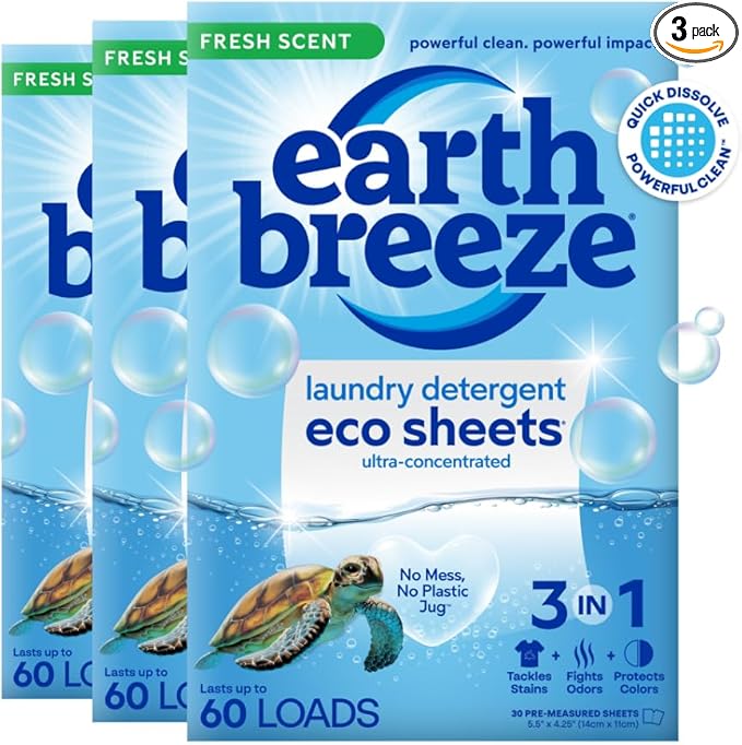 Earth Breeze Laundry Detergent Sheets Fresh Scent - 60 Loads per package. Eco Liquidless Soap - Travel-Friendly for Hot & Cold Cycles, Tackles Tough Stains & Odors - Gentle on Skin, 30 sheets (3 Pack)