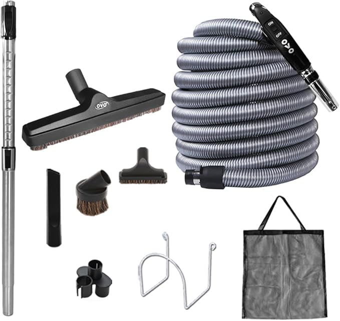 OVO Large and Powerful Central Vacuum System, Hybrid Filtration (with or Without Disposable Bags), 25L or 6.6 Gal, 630 Airwatts + 30 ft Premium Deluxe Accessory Kit