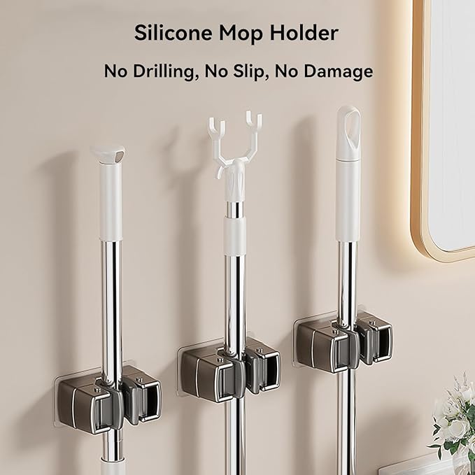 3 Pack Heavy Duty Mop Holder Wall Mount, Strong Adhesive Hanger for Broom Closet Organizer, Space Saving Utility Hooks for Bathroom Kitchen Garage Storage